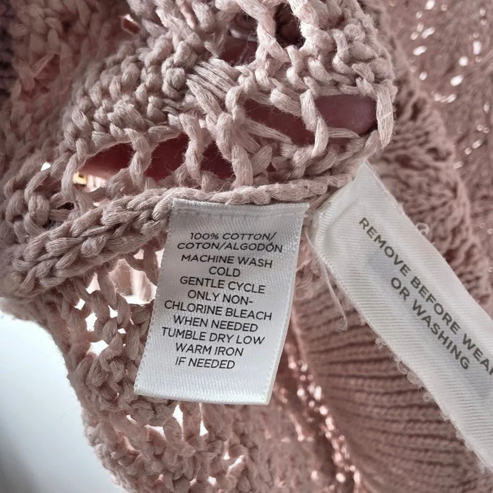 LOFT Pink Crochet Knit V Neck Long‎ Sleeve Sweater Top Size S Lightweight - Picture 5 of 6